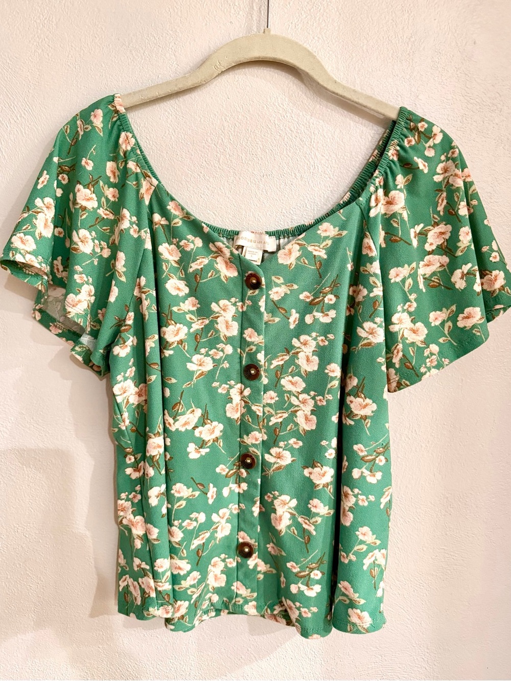 Monteau Los Angeles Green Floral Flutter Sleeve Top | Cottagecore Blouse | L